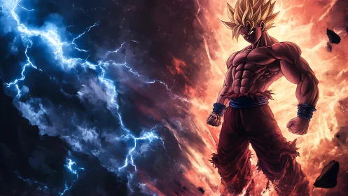 Electrifying anime warrior standing between storm and fire.