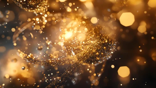 Abstract golden glitter explosion with bokeh lights in warm tones.