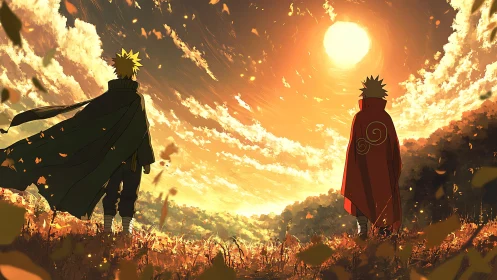 Two cloaked figures in autumn field under bright setting sun.