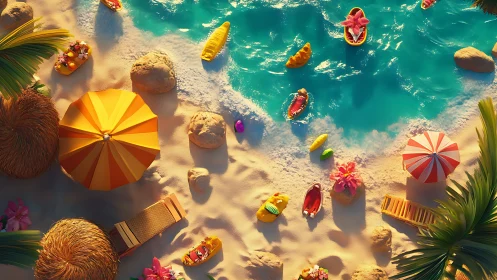 Aerial Beach Scene with Umbrellas, Boats, and Summer Elements