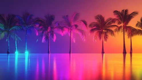 Neon gradient palm trees reflected across calm tropical water