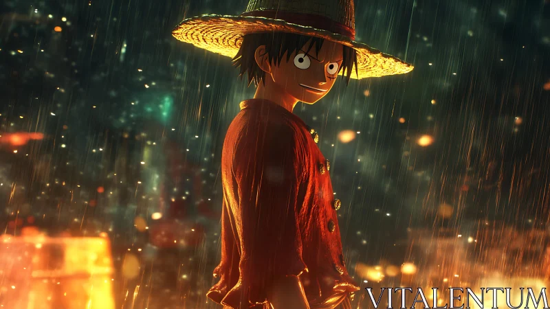 Straw-hatted anime hero stands defiant in shimmering rain.