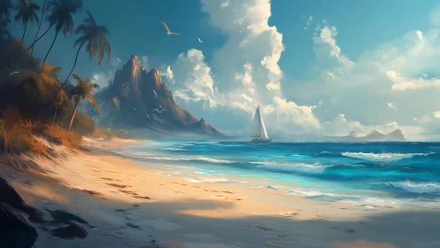 Tropical Paradise Sailboat Scene with Mountain Cliffs.