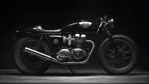 Custom black cafe racer motorcycle stands in dramatic studio light
