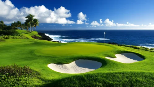Coastal golf green with bunkers beside deep blue ocean.