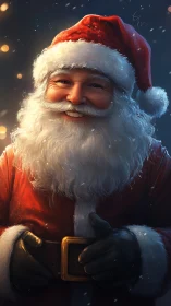 Warm, glowing Santa Claus smiles in softly falling snow