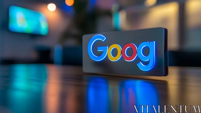 Photorealistic neon tech logo plaque on reflective tabletop surface.