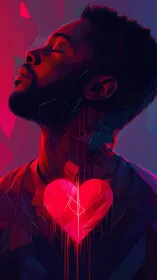 Digital Man with Neon Heart: Cyberpunk Emotion Rendered.