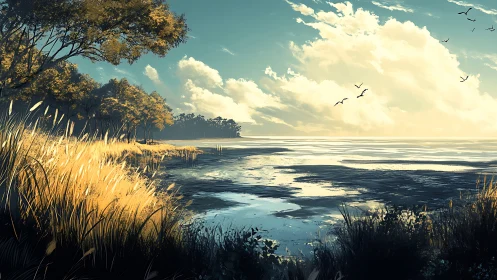 Golden marsh shoreline under expansive luminous sky.