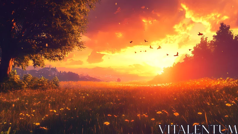 Sunset meadow kingdom under a sky of wandering embers.