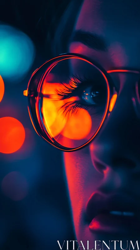 Neon portrait close-up with glowing glasses reflection.