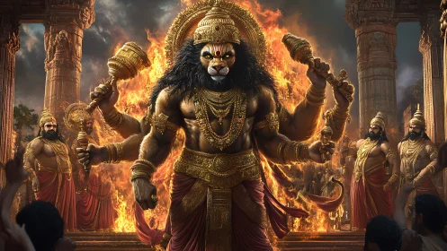 Mythic lion deity amid blazing temple ruins in gold armor.