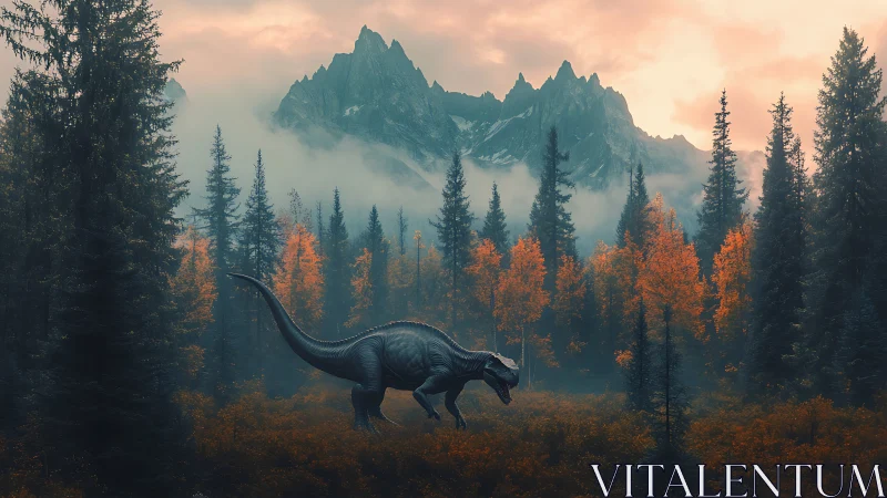 Dinosaur strides through misty autumn forest beneath peaks.