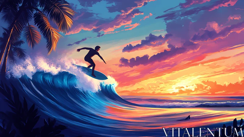 Dynamic surfer silhouette cuts across iridescent sunset wave