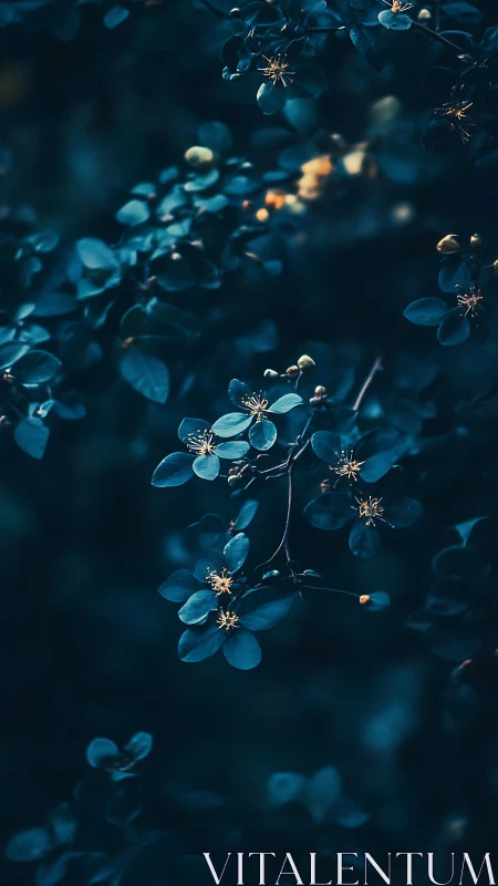 Midnight teal foliage with delicate golden blossoms.