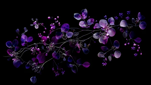 Purple Noctilucent Botanical Arrangement on Deep Black Background. 3D Render