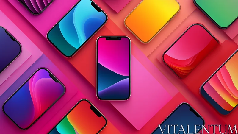 Digital painting layout of colorful smartphones in isometric grid.