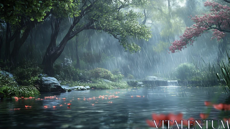 Rain-kissed forest pond cradling drifting crimson blossoms.