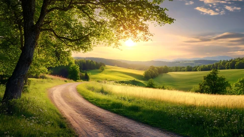 Sunlit country path winding gently through quiet green hills.