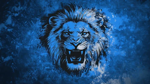 Midnight roar of a cobalt lion king on shattered dusk.