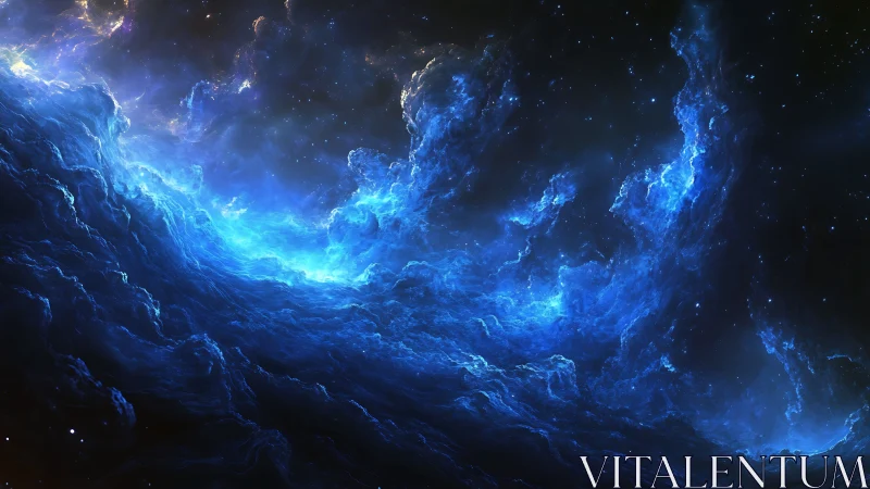 Blue interstellar nebula cloud with dense luminous gas field.