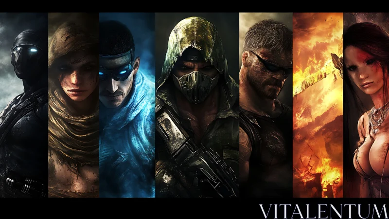 Post-apocalyptic warriors stand amid fire and shadows.