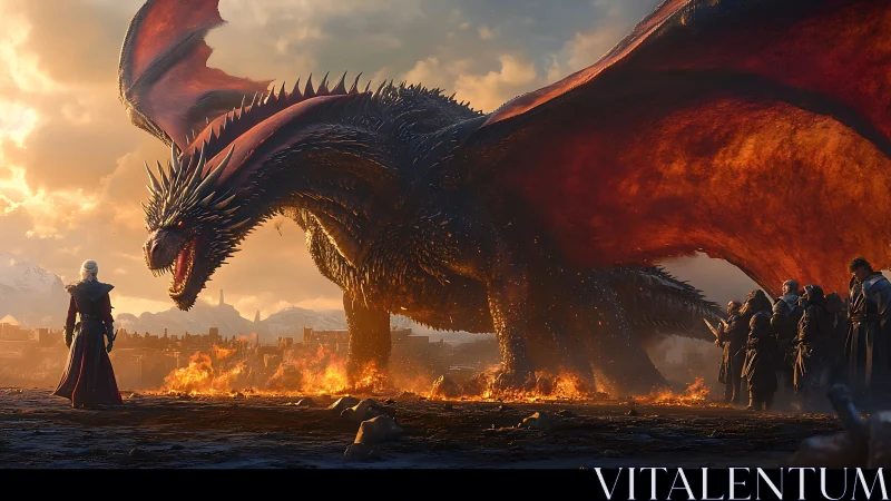 Armored fire dragon confronts cloaked warriors at dusk