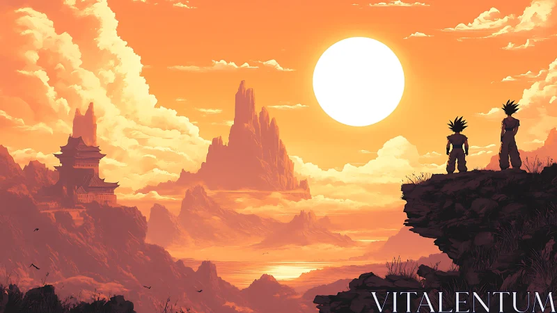 Twin warriors greeting a molten sunrise above mythic cliffs.