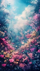 Ethereal Flower Garden Beneath Luminous Sky.