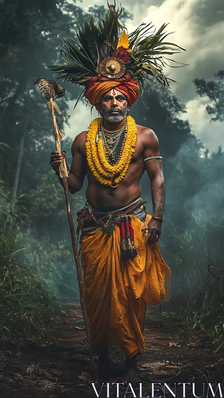 Forest mystic strides through mist with radiant saffron grace.