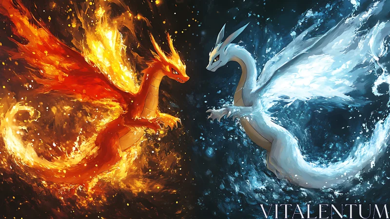 Two elemental dragon figures confront each other in battle