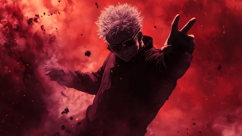 White haired anime figure in red explosive cloud scene.