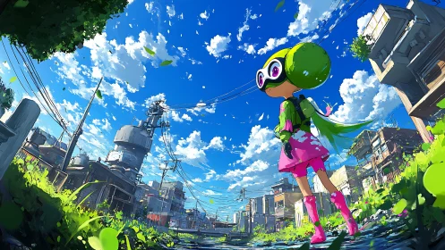 Bright‑eyed explorer strolls through a vivid summer city street