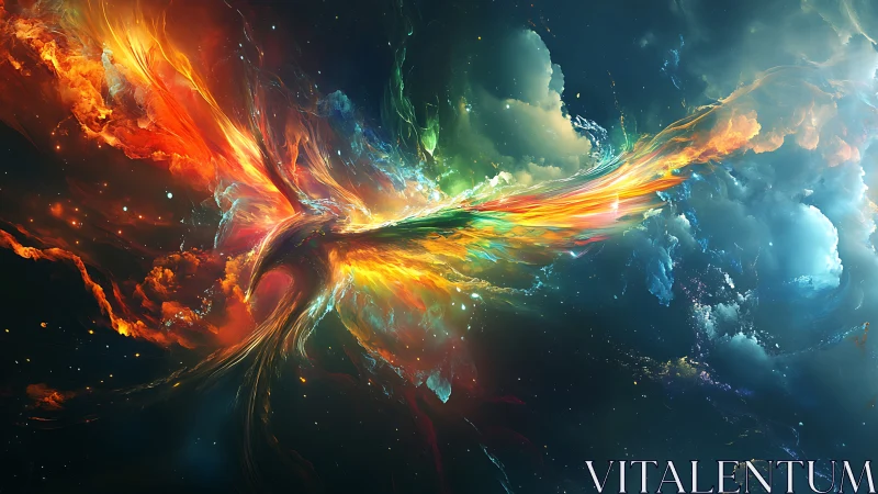 Radiant cosmic phoenix sweeps across a glowing starry sky