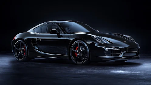 Sleek black sports coupe under dramatic studio lighting.