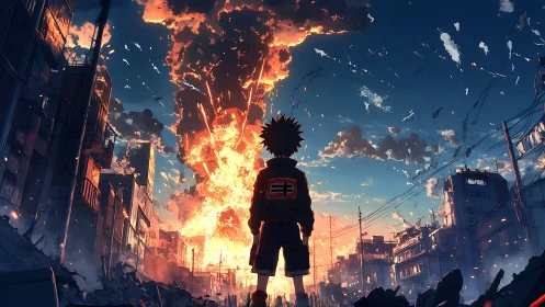 Child observes large central explosion in damaged urban street