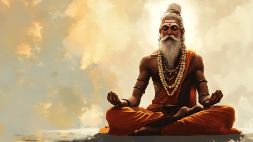 Golden sky embraces a serene sage in deep meditation