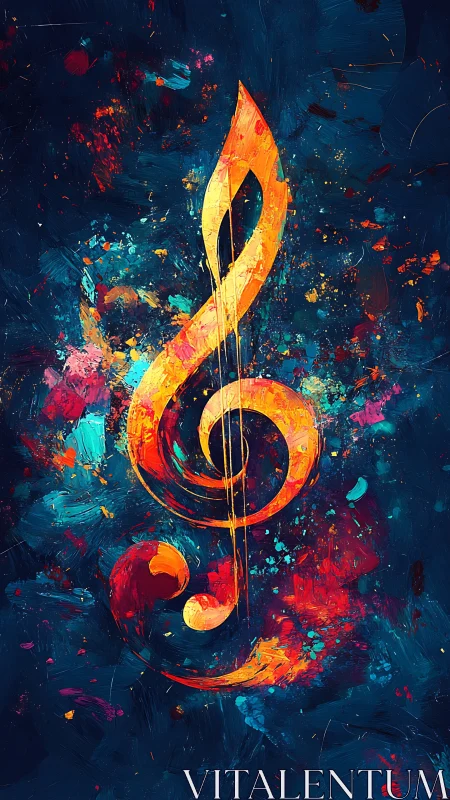 Treble clef symbol in abstract multicolored digital artwork.