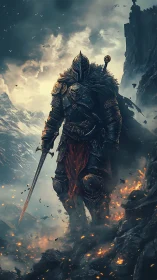 Armored warrior on burning mountainside under stormy sky.