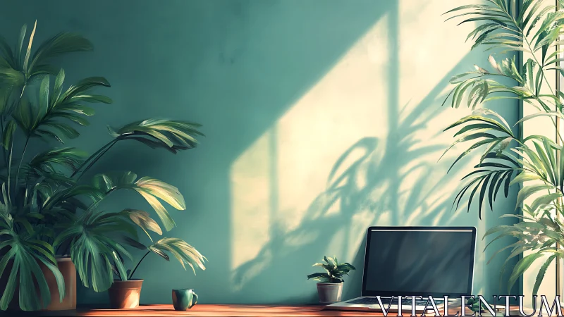 Laptop on wooden desk near potted plants in directional light