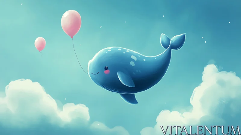 Smiling sky-whale drifting with pink balloons above clouds.
