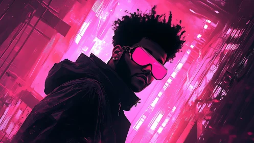 Neon-lit cyber figure in angular magenta corridor composition