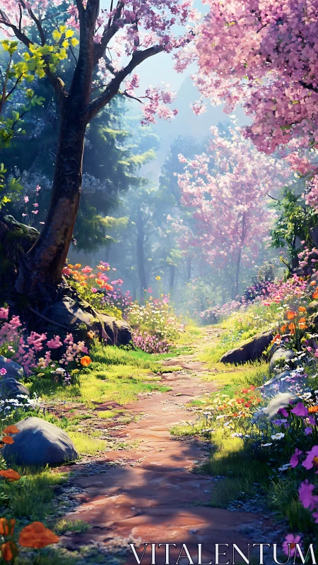 Blossom-lit forest path winding through a dreamlike spring grove.
