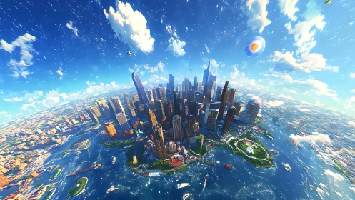 Futuristic coastal megacity curves beneath a radiant blue sky