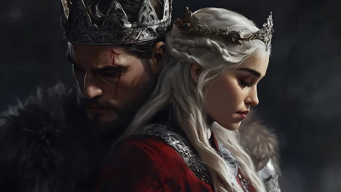 Solemn fantasy king and queen in detailed regalia.