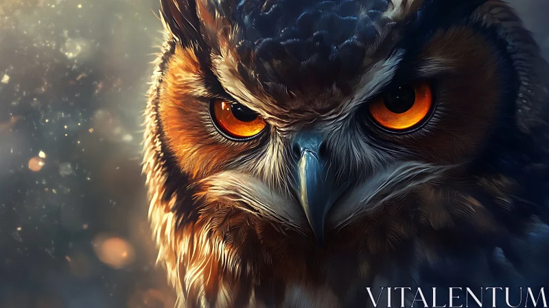 Intense close-up of owl in dramatic lighting, digital art style.
