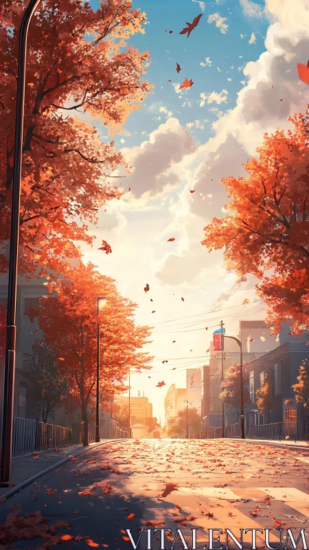 Sunlit autumn city street with drifting scarlet leaves.