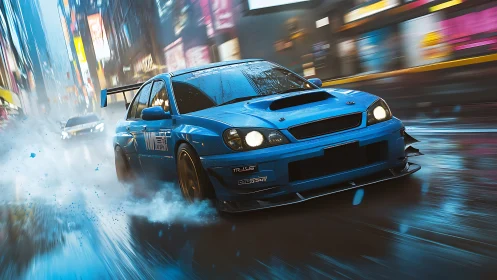 Street-tuned blue racer drifts through neon city rainstorm.