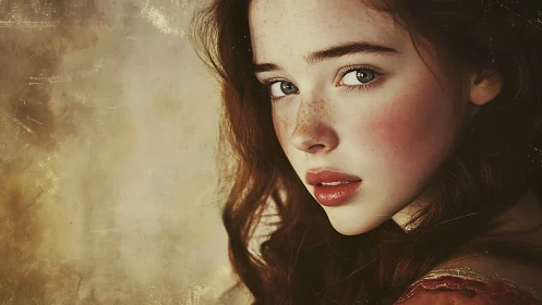 Gentle portrait of a freckled girl with thoughtful gaze.