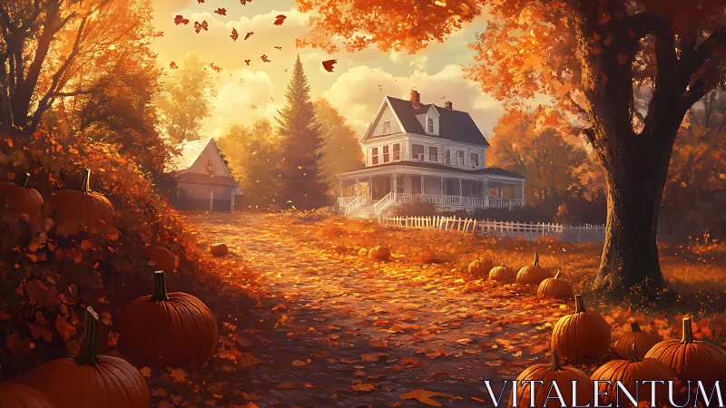 Pumpkin lane leading toward a sunlit autumn farmhouse dream.